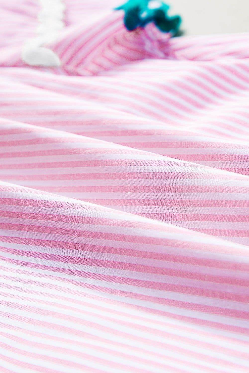 image-Sky Blue Stripe Ricrac Trim Split Neck Striped Ruffled Sleeve Blouse