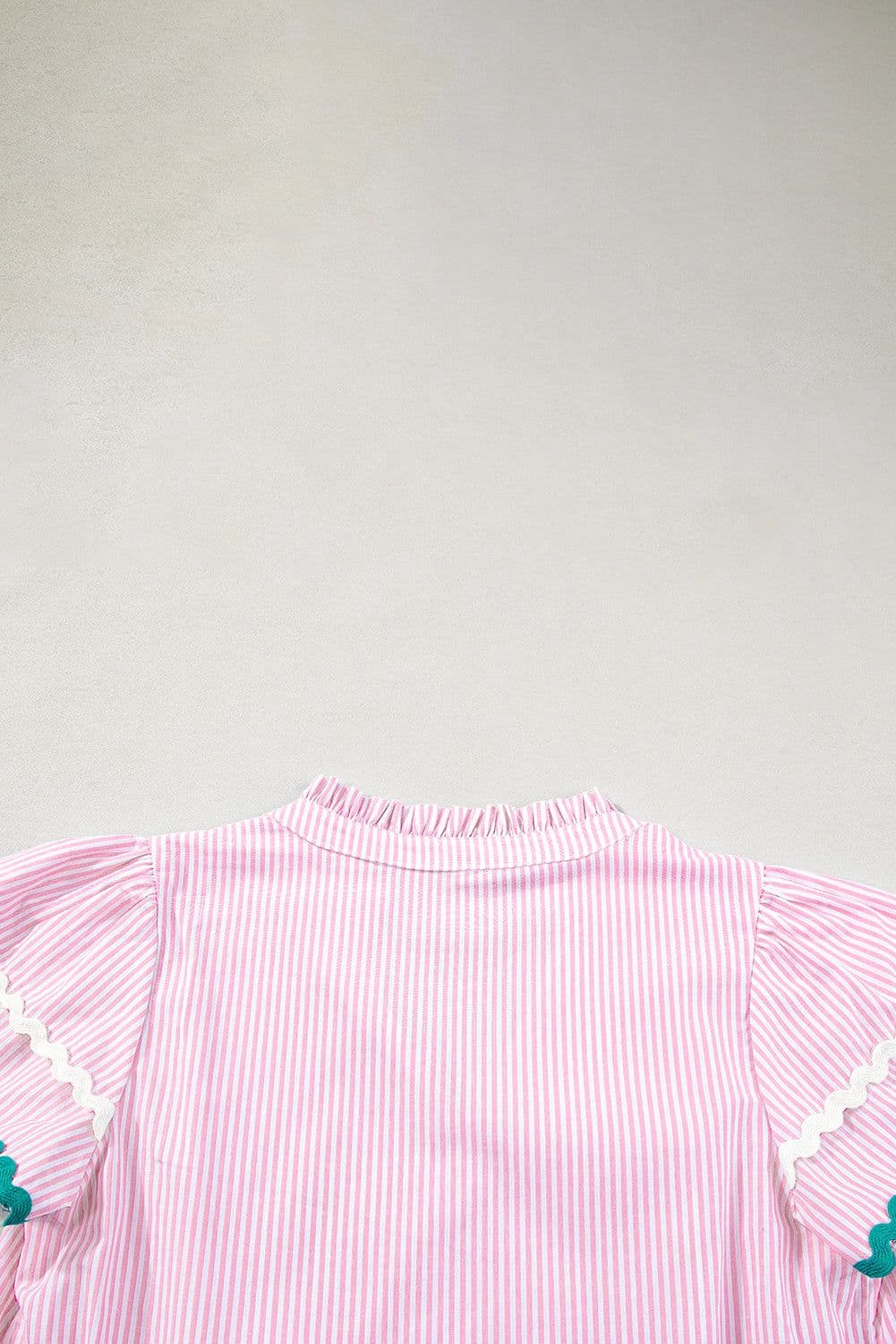 image-Sky Blue Stripe Ricrac Trim Split Neck Striped Ruffled Sleeve Blouse