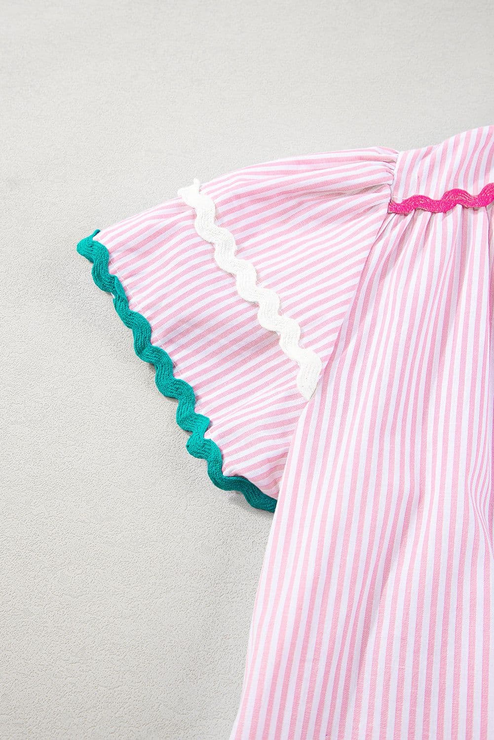 image-Sky Blue Stripe Ricrac Trim Split Neck Striped Ruffled Sleeve Blouse