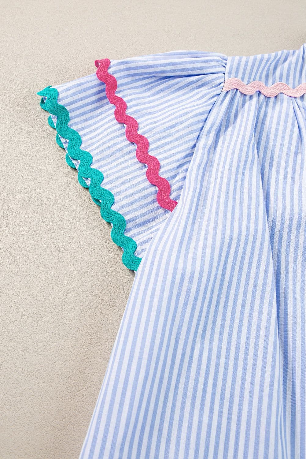 image-Sky Blue Stripe Ricrac Trim Split Neck Striped Ruffled Sleeve Blouse