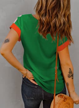 image-Rose Red Contrast Trim Color Block Front Zipped T Shirt