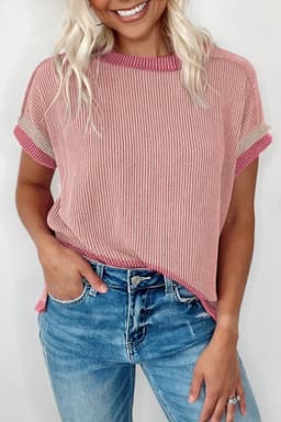 image-Bright Pink Textured Contrast Trim Round Neck T Shirt