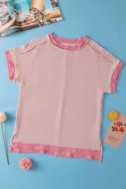 image-Bright Pink Textured Contrast Trim Round Neck T Shirt