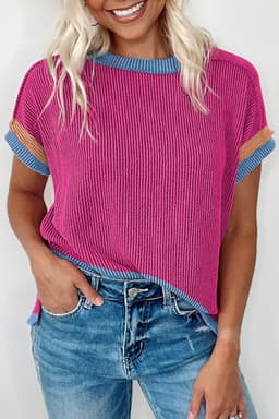 image-Bright Pink Textured Contrast Trim Round Neck T Shirt