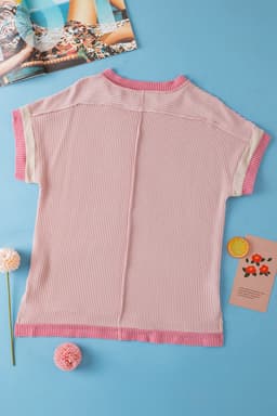 image-Bright Pink Textured Contrast Trim Round Neck T Shirt