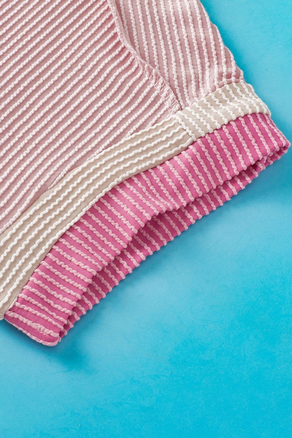 image-Bright Pink Textured Contrast Trim Round Neck T Shirt
