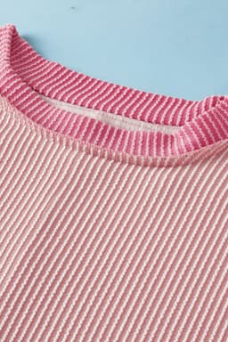 image-Bright Pink Textured Contrast Trim Round Neck T Shirt
