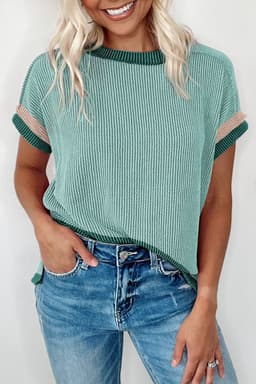 image-Bright Pink Textured Contrast Trim Round Neck T Shirt