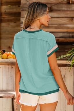 image-Bright Pink Textured Contrast Trim Round Neck T Shirt