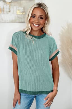 image-Bright Pink Textured Contrast Trim Round Neck T Shirt