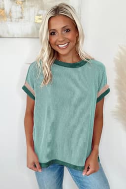 image-Bright Pink Textured Contrast Trim Round Neck T Shirt