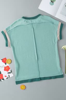 image-Bright Pink Textured Contrast Trim Round Neck T Shirt