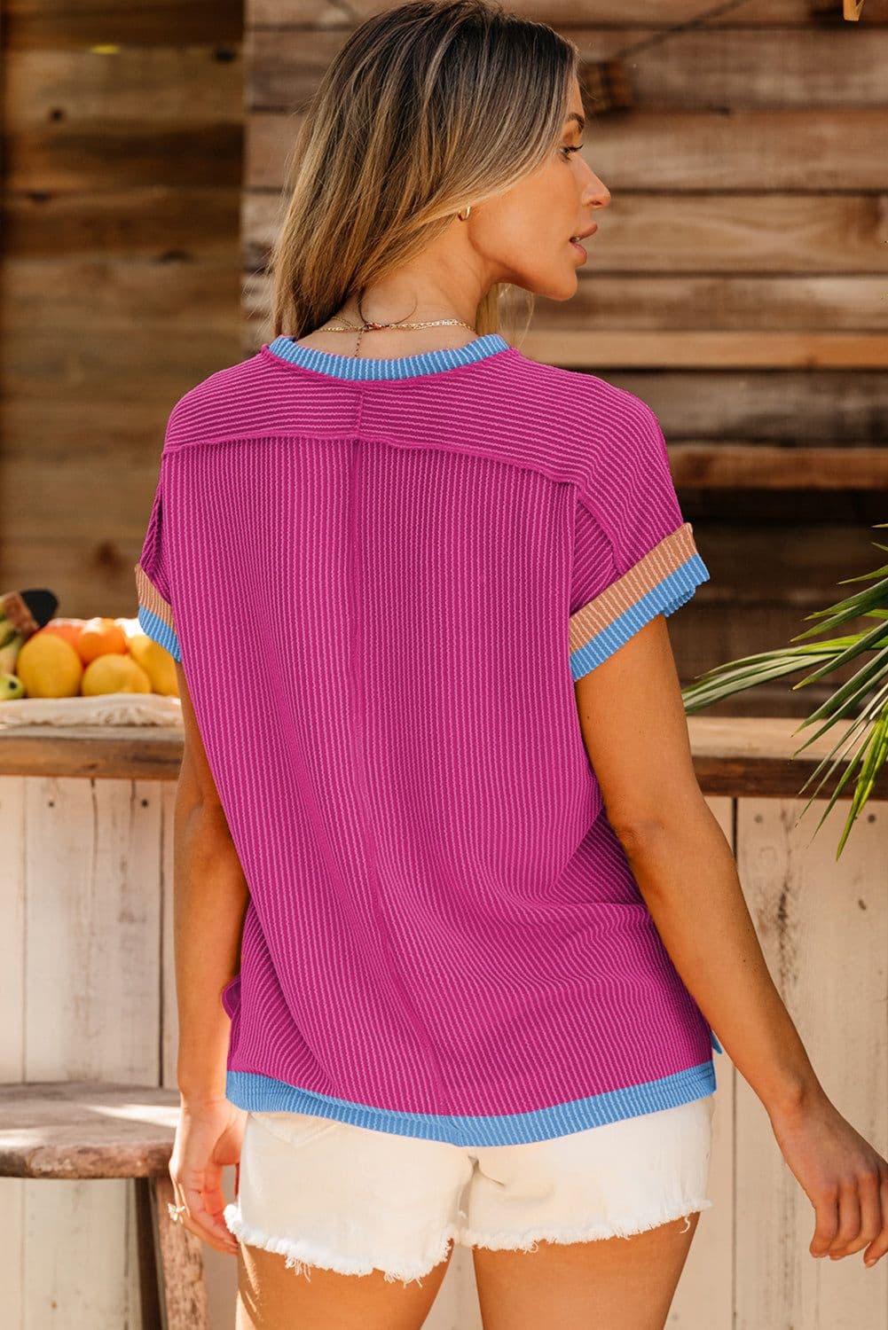 image-Bright Pink Textured Contrast Trim Round Neck T Shirt