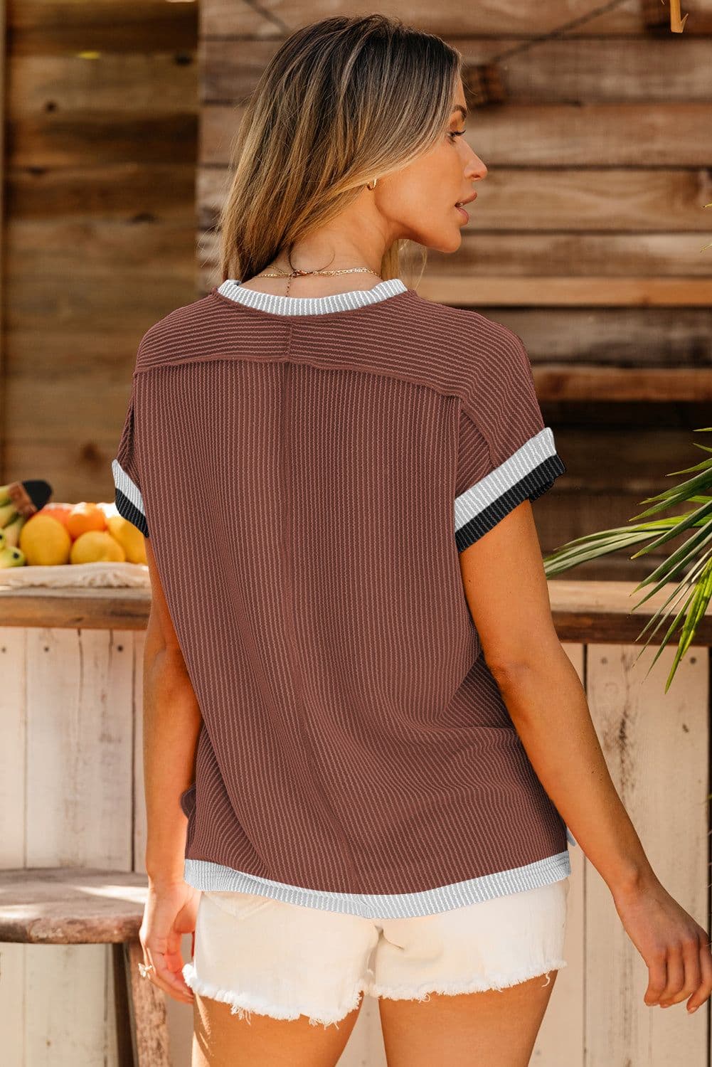 image-Bright Pink Textured Contrast Trim Round Neck T Shirt