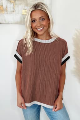 image-Bright Pink Textured Contrast Trim Round Neck T Shirt