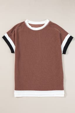image-Bright Pink Textured Contrast Trim Round Neck T Shirt