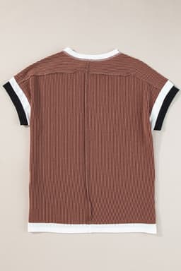 image-Bright Pink Textured Contrast Trim Round Neck T Shirt