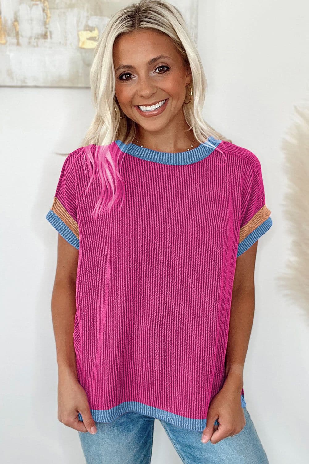 image-Bright Pink Textured Contrast Trim Round Neck T Shirt