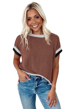 image-Bright Pink Textured Contrast Trim Round Neck T Shirt