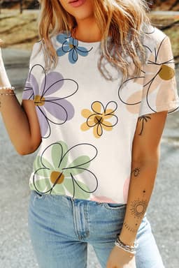 image-Beige Summer Flower Print Casual Round Neck T Shirt