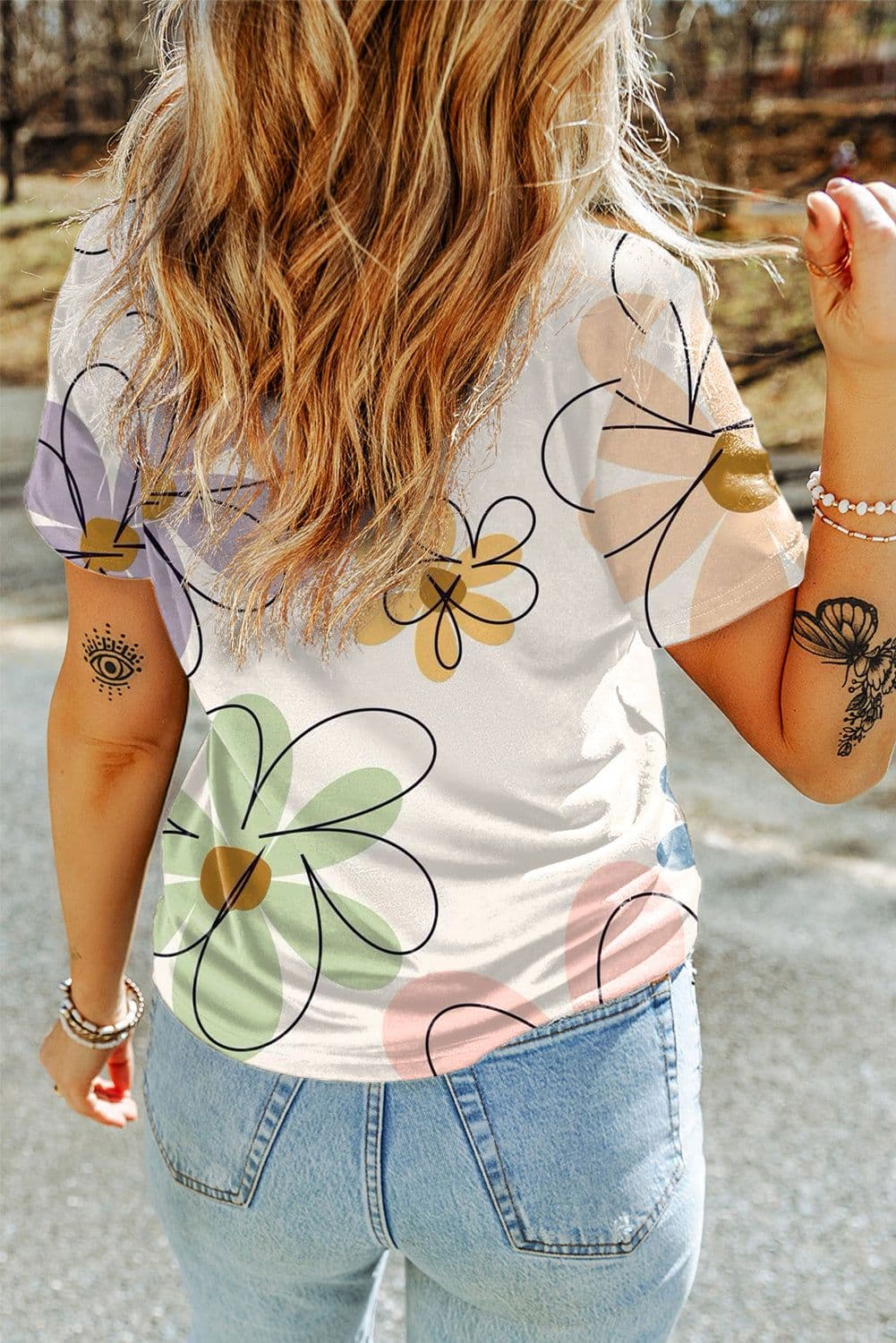 image-Beige Summer Flower Print Casual Round Neck T Shirt