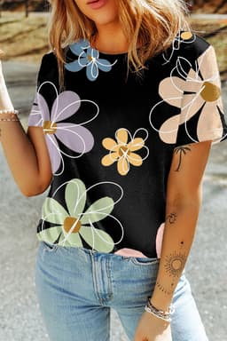 image-Beige Summer Flower Print Casual Round Neck T Shirt