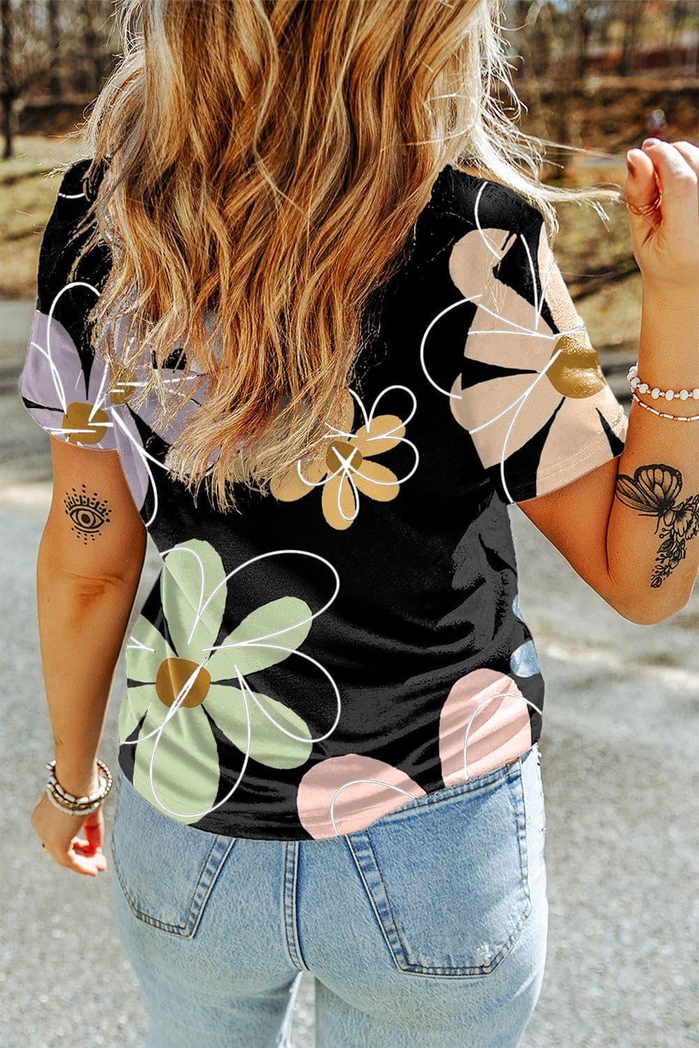 image-Beige Summer Flower Print Casual Round Neck T Shirt