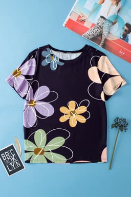 image-Beige Summer Flower Print Casual Round Neck T Shirt