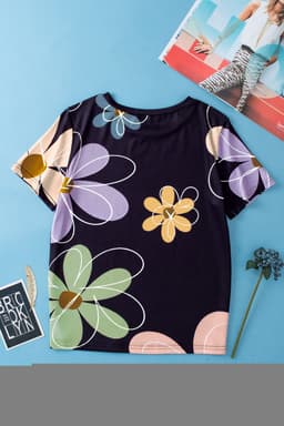 image-Beige Summer Flower Print Casual Round Neck T Shirt