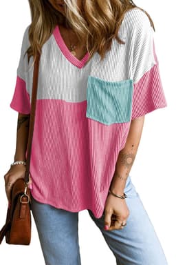 image-Rose Red Color Block Patch Pocket Corded V Neck Tee