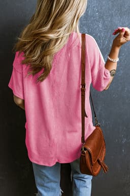 image-Rose Red Color Block Patch Pocket Corded V Neck Tee