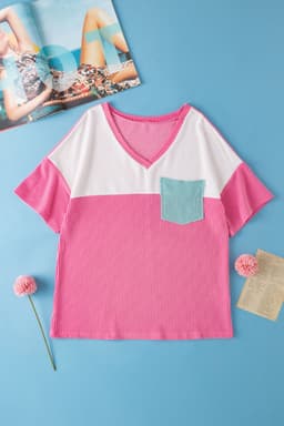 image-Rose Red Color Block Patch Pocket Corded V Neck Tee