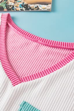image-Rose Red Color Block Patch Pocket Corded V Neck Tee
