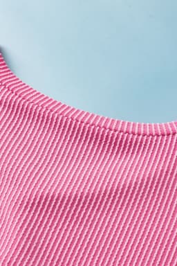 image-Rose Red Color Block Patch Pocket Corded V Neck Tee