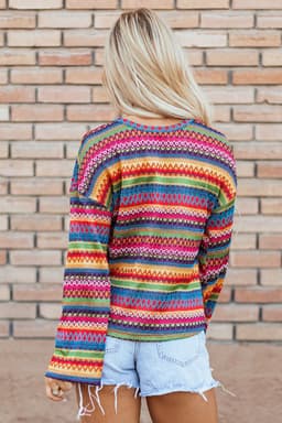 image-Rose Red Multicolor Jacquard Geo Long Sleeve T Shirt