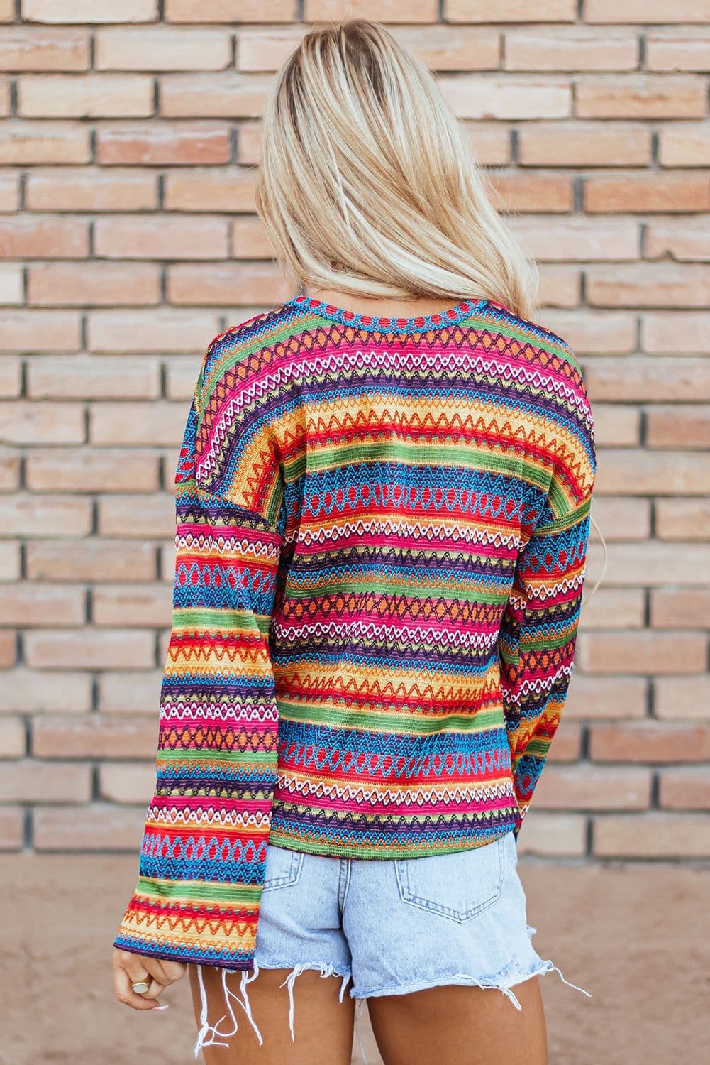 image-Rose Red Multicolor Jacquard Geo Long Sleeve T Shirt