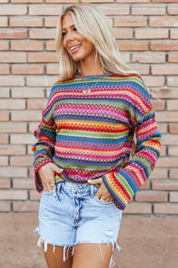 image-Rose Red Multicolor Jacquard Geo Long Sleeve T Shirt