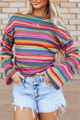 image-Rose Red Multicolor Jacquard Geo Long Sleeve T Shirt