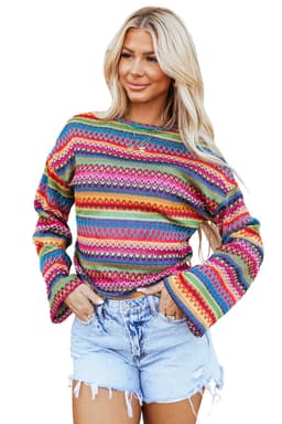 image-Rose Red Multicolor Jacquard Geo Long Sleeve T Shirt