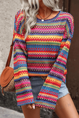 image-Rose Red Multicolor Jacquard Geo Long Sleeve T Shirt