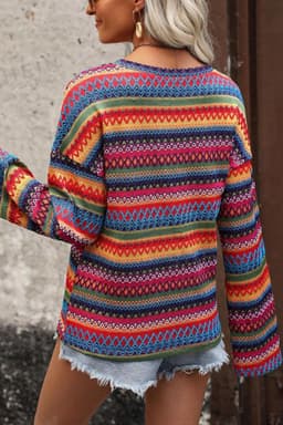 image-Rose Red Multicolor Jacquard Geo Long Sleeve T Shirt