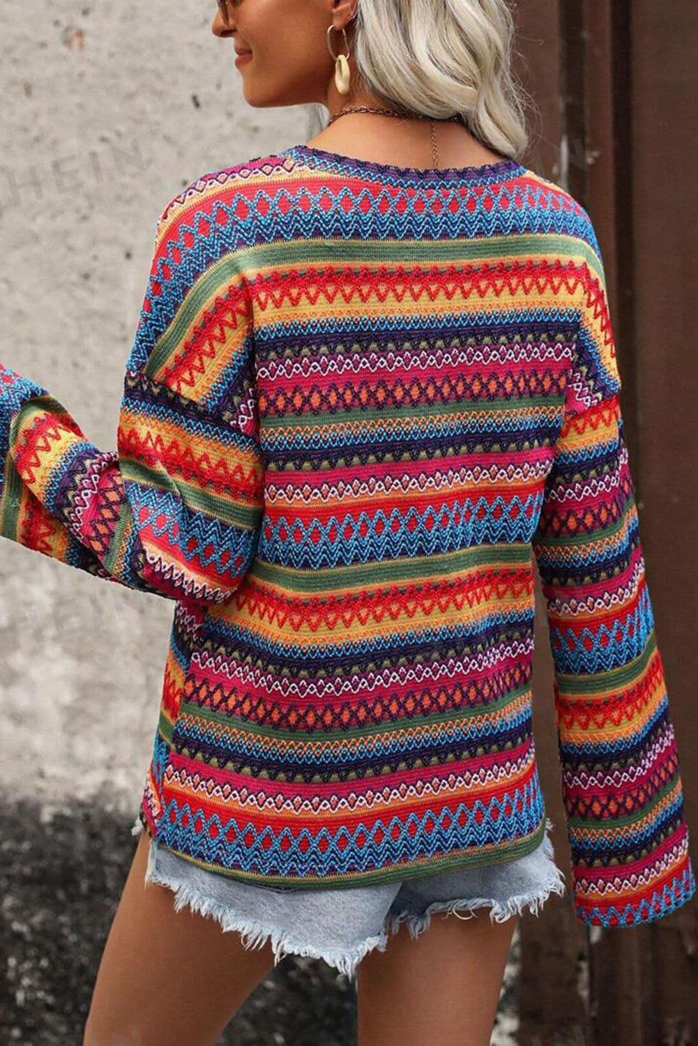 image-Rose Red Multicolor Jacquard Geo Long Sleeve T Shirt