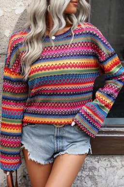 image-Rose Red Multicolor Jacquard Geo Long Sleeve T Shirt