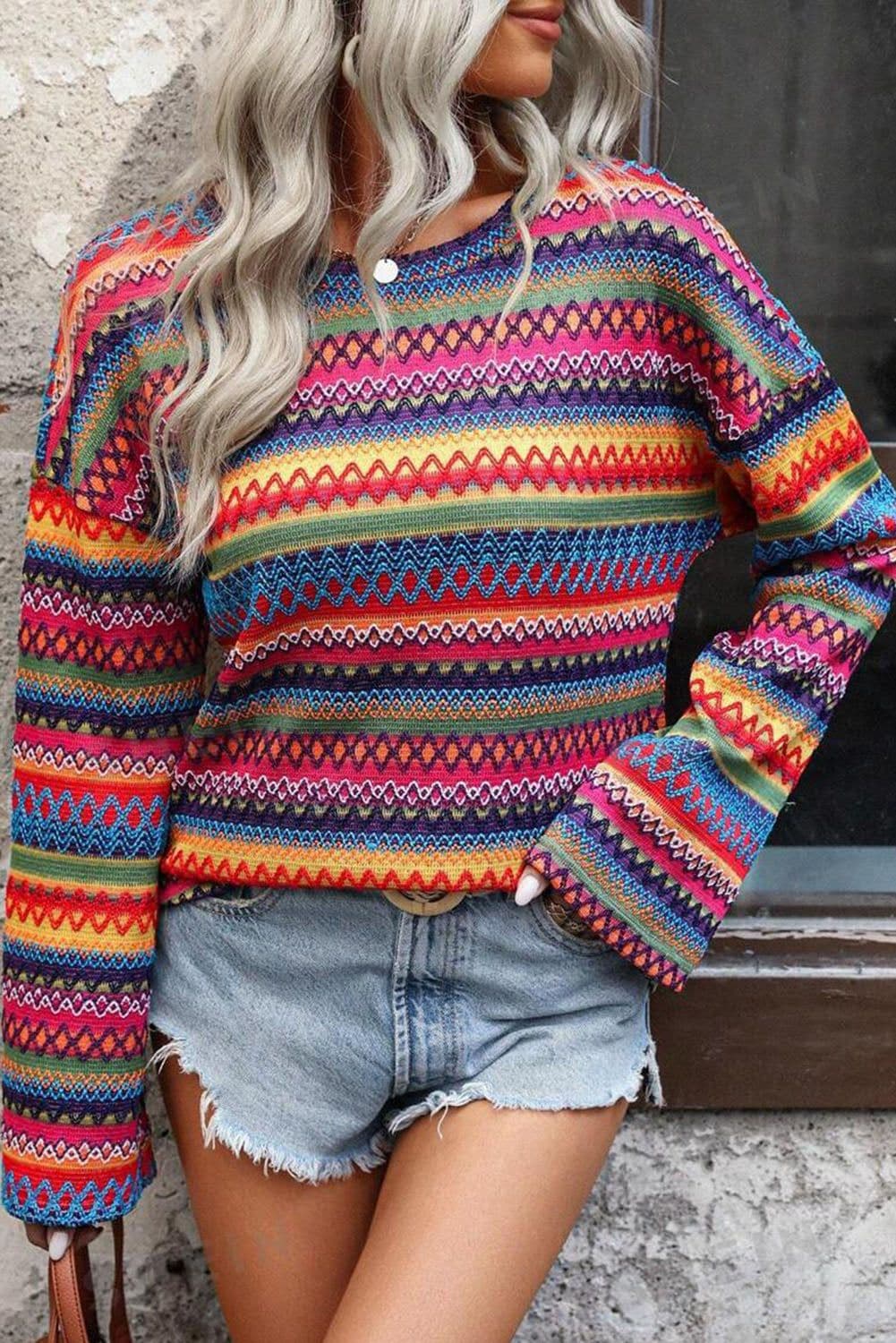 image-Rose Red Multicolor Jacquard Geo Long Sleeve T Shirt