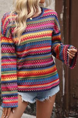 image-Rose Red Multicolor Jacquard Geo Long Sleeve T Shirt