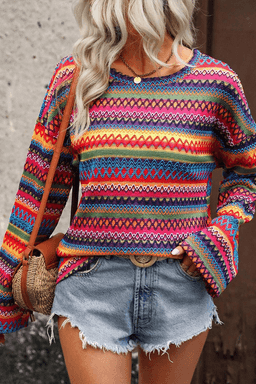 image-Rose Red Multicolor Jacquard Geo Long Sleeve T Shirt