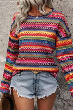 image-Rose Red Multicolor Jacquard Geo Long Sleeve T Shirt