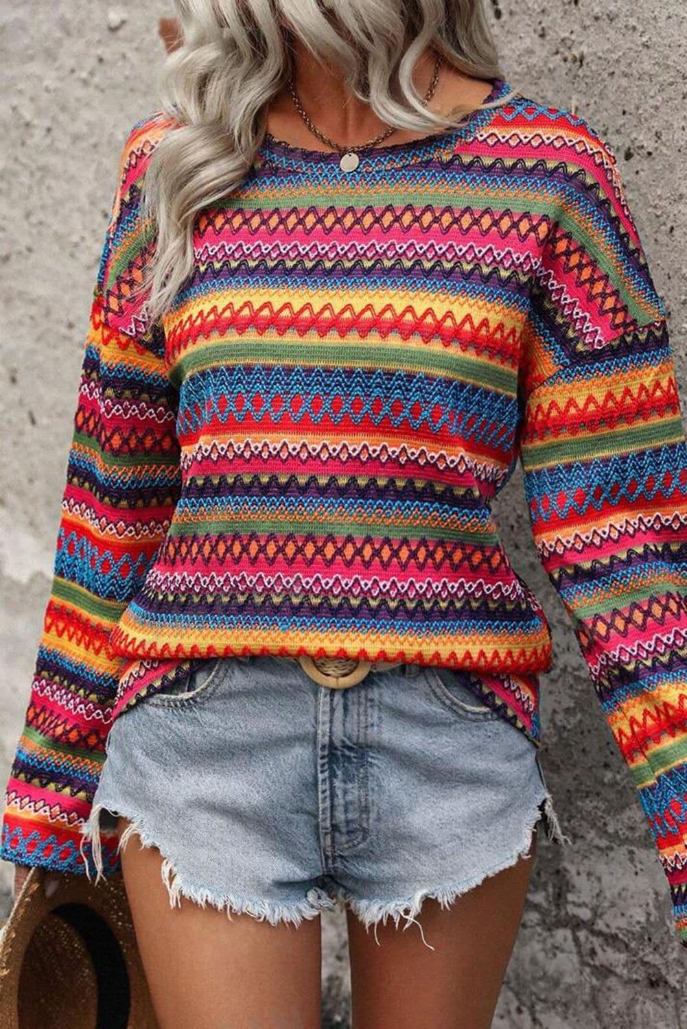 image-Rose Red Multicolor Jacquard Geo Long Sleeve T Shirt
