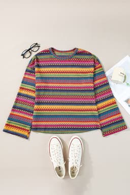 image-Rose Red Multicolor Jacquard Geo Long Sleeve T Shirt