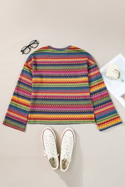 image-Rose Red Multicolor Jacquard Geo Long Sleeve T Shirt